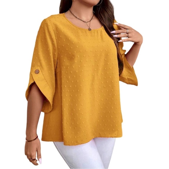 Women’s Plus Size Mustard Yellow Swiss Dot Flare Short Sleeve Blouse Top - Picture 9 of 14